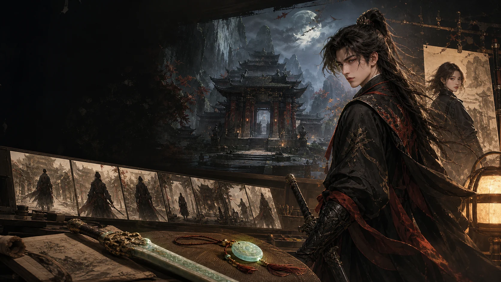 东方玄幻人物、宫殿场景、玉剑玉佩和连续分镜组成的AI漫剧制作主视觉